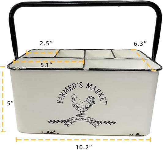 Distressed White, Portable Versatile Metal Storage Caddy Organizer with 6 Compartments & Handle - Perfect for Organizing Kitchen Utensils, Office Supplies, Bathroom Essentials & Bedroom Knick-Knacks