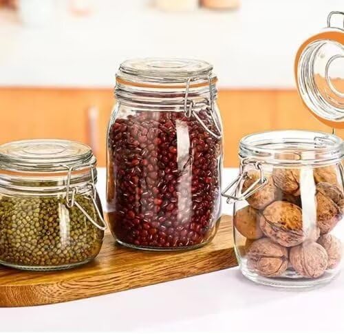 Encheng 32 oz Wide Mouth Mason Jars With Airtight Hinged Lids, Leak Proof Rubber Gasket - 1000ml Glass Storage Containers, Set of 4