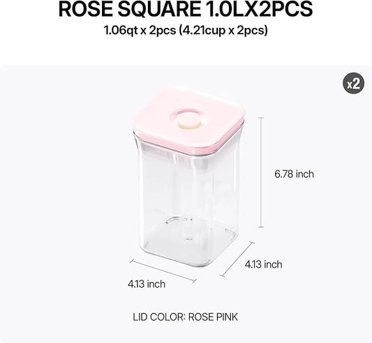 Premium Airtight Food Storage Containers ROSE Pink Lid, 1.0L(1.06qt) x2pcs Container. Patented Double Silicone Lining, 100% Leak Proof, BPA-FREE