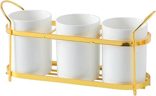 3-Piece White Ceramic Silverware Caddy with Black Metal Rack, Utensil Holder Flatware Caddy Cutlery Storage Organizer for Kitchen Table (White+Gold A)