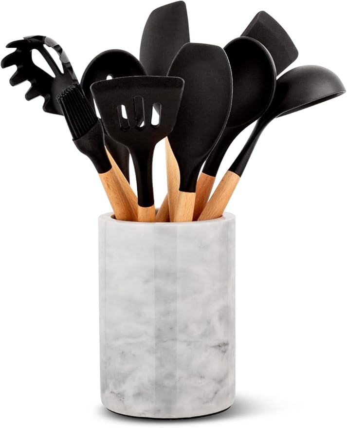 Homeries Marble Utensil Holder Set - Utensils Included - Flatware & Utensil Storage Organizer for Countertops, Pantry, Bathroom, Office & Center Table - Stylish Kitchen Counter Decor