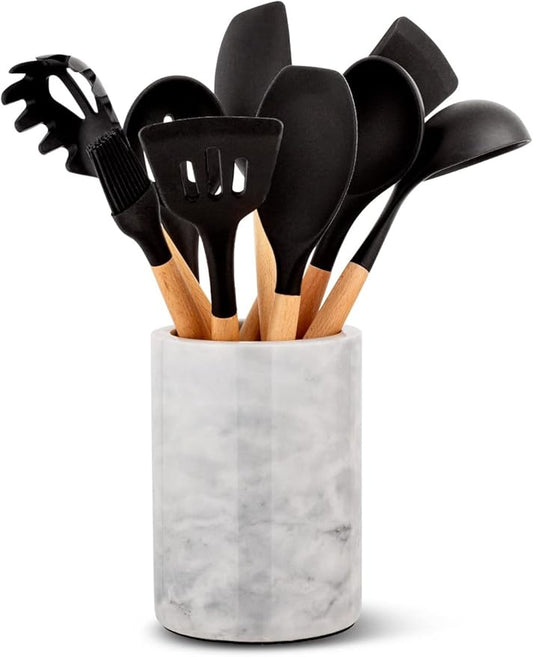 Homeries Marble Utensil Holder Set - Utensils Included - Flatware & Utensil Storage Organizer for Countertops, Pantry, Bathroom, Office & Center Table - Stylish Kitchen Counter Decor