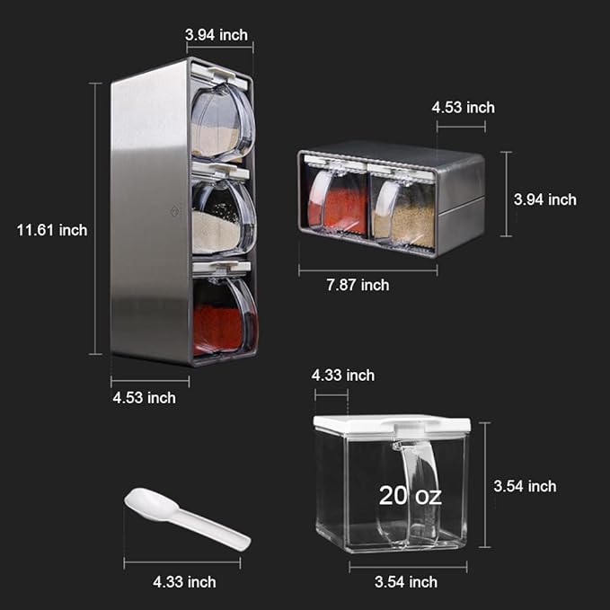 Salt Container With Lid And Spoon, Clear Seasoning Rack Spice Pots, 3 Piece Seasoning Box For Home Kitchen Café Storing Salt Sugar Pepper Spice (2 Pieces)
