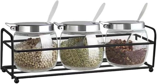 Hewnda 2Pcs Sugar Salt Container Set,8 oz glass jar with lid and spoon for storing condiments,coffee,sugar cubes,spices and more