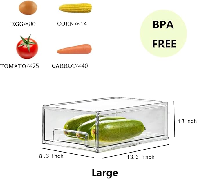 MANO 2Pack Clear Fridge Drawers Pull Out Stackable Refrigerator Drawer Organizer Bins Pantry Storage Box Plastic Food Containers for Kitchen Bathroom Office Closet (2pack Large)