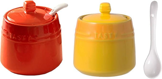 2pcs Salt Cellar Set, Ceramic Salt Cellar With Lid & Spoon,Sugar Bowl,Salt and Pepper Shaker Set Spice Jars for Kitchen Storage(Orange Yellow)