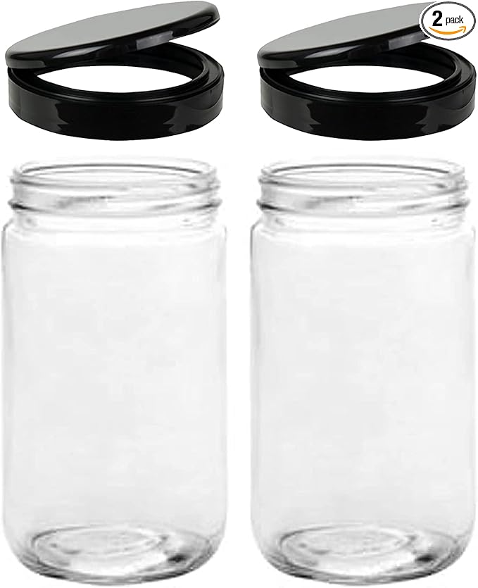 Jarming Collections Mason Jars 32 Oz EXTRA WIDE MOUTH Glass Jars with Flip Top Lids - storage container with lids - quart container made in the USA (2 Black Plastic Lids)