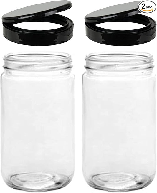 Jarming Collections Mason Jars 32 Oz EXTRA WIDE MOUTH Glass Jars with Flip Top Lids - storage container with lids - quart container made in the USA (2 Black Plastic Lids)
