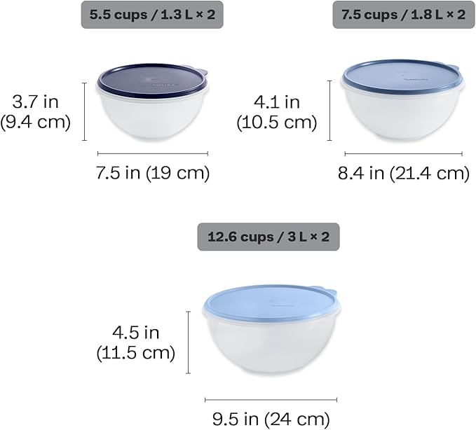 Tupperware Heritage Wonderlier 12 Piece Food Storage Bowl Set in Clear/Blue, Dishwasher Safe and BPA Free (6 Bowls, 6 Lids)