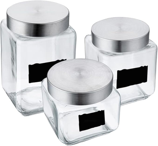 Restaurantware Vetri Glass Storage Jar Set 3-Piece Dishwashable Glass Cookie Jars - Airtight Seal Hot & Cold Friendly Clear Glass Glass Candy Jars For Kitchen Laundry Or Storage