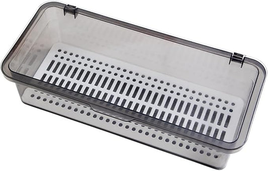 Flatware Tray Kitchen Drawer Organizer With Lid And Drainer - Plastic Kitchen Cutlery Tray and Utensil Storage Container with Cover 10.0 Inch - Dinnerware Holder for Spoons Forks Knives Coffee