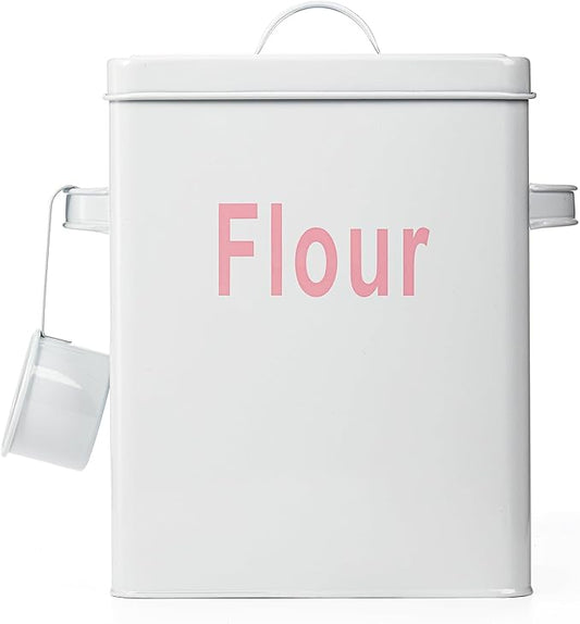 Youeon 200 Oz/25 Cup Metal Flour Storage Container with Airtight Lid and Measuring Scoop, Square Flour Canister with Handle, White Storage Canister for Kitchen Counter, Farmhouse Decor