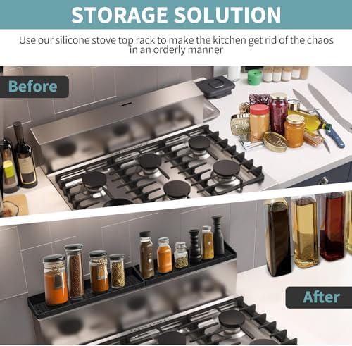 BFONS 30" Magnetic Stove Top Shelf Spice Rack Storage, Silicone Top Heat Material Stove Rack Seasoning Organizer Kitchen Gadgets Kitchen Organization（Black）