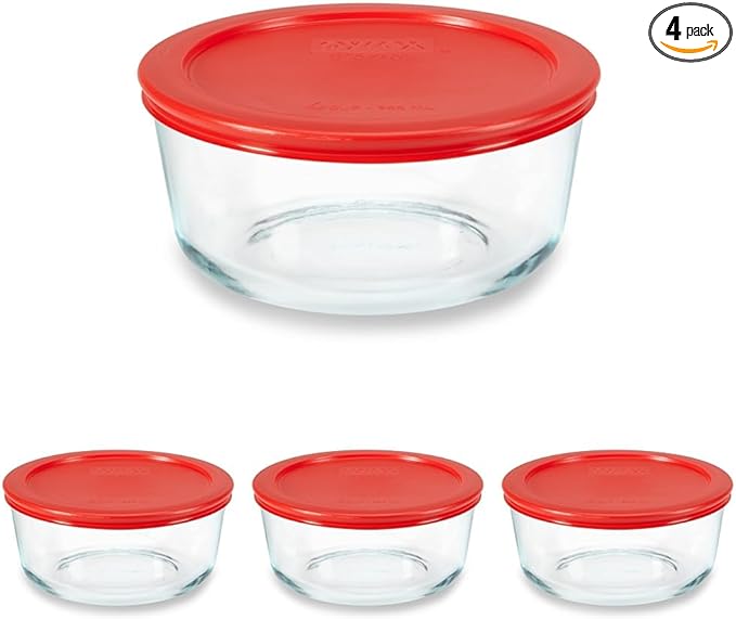 Pyrex Simply Store Glass Food Storage Container, Snug Fit Non-Toxic Plastic BPA-Free Lids, Freezer Dishwasher Microwave Safe, 4 Cup (Pack of 4)