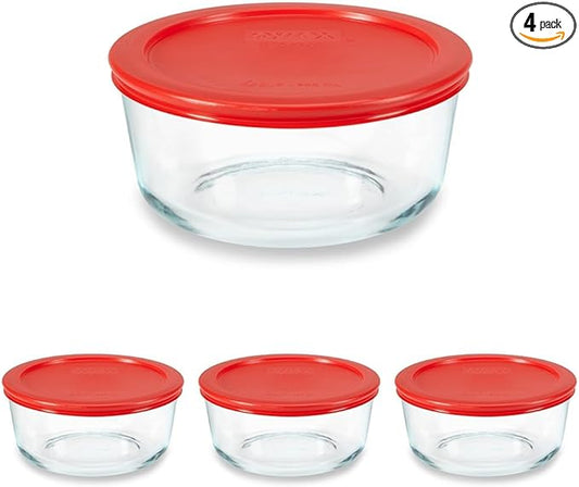 Pyrex Simply Store Glass Food Storage Container, Snug Fit Non-Toxic Plastic BPA-Free Lids, Freezer Dishwasher Microwave Safe, 4 Cup (Pack of 4)