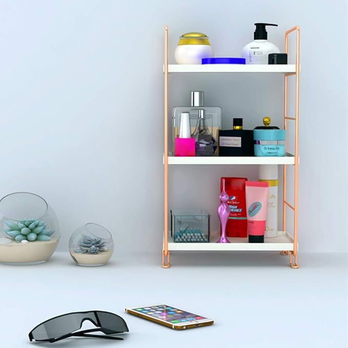 Plastic/Metal Freestanding Stackable Organizer Shelf,Bathroom Countertop Storage Shelf Cosmetic Organizer Holder Kitchen Spice Rack,3-Tier Standing Rack (Rose Gold)