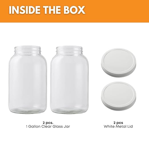 FastRack - One Gallon Wide Mouth Jar with White Metal Airtight Lid (Pack of 2) | Glass Canisters with Airtight Lids | Gallon Glass Jar with fermentation lids for brewing, fermentation and pickling