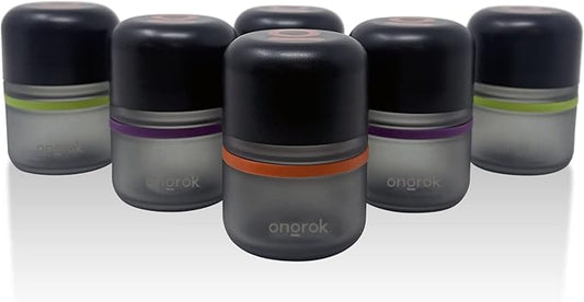 ONGROK Glass Storage Jar, 80ml, 6 Pack, UV Herb/Spice Jar with Child Resistant Lid, Color-Coded Glass Containers Air Proof to Preserve Smell and Aroma, Perfect Size to Store in a Drawer or Cupboard