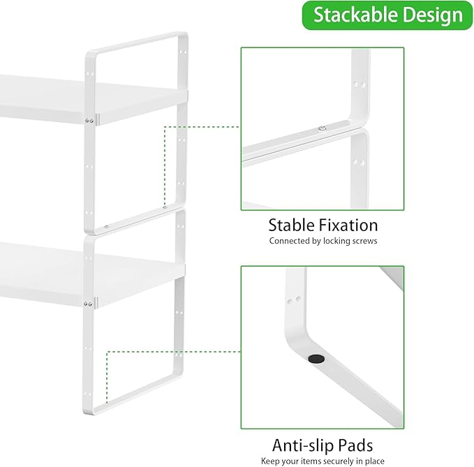 Expandable Kitchen Cabinet Shelf Organizers 2 Pack, Stackable Metal Pantry Storage Shelves Rack, Adjustable Counter Shelf for Cabinets, Countertop, Cupboard Organizers and Storage, White