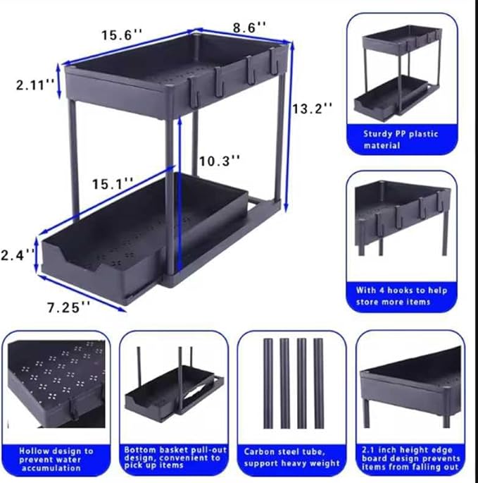 2PC Under Sink Organizer with Hanging Cups - 2 Tier Metal Under Sliding Cabinet Organizer Drawer with 4 Hooks for Bathroom Pantry Cabinet Rack Black