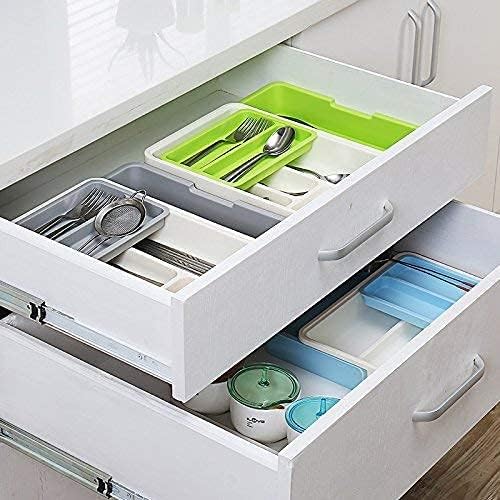 HornTide 3-in-1 Cutlery Tray Expandable Utensils Holder Plastic Kitchen Drawer Organizer for Silverware Storage and More - Blue