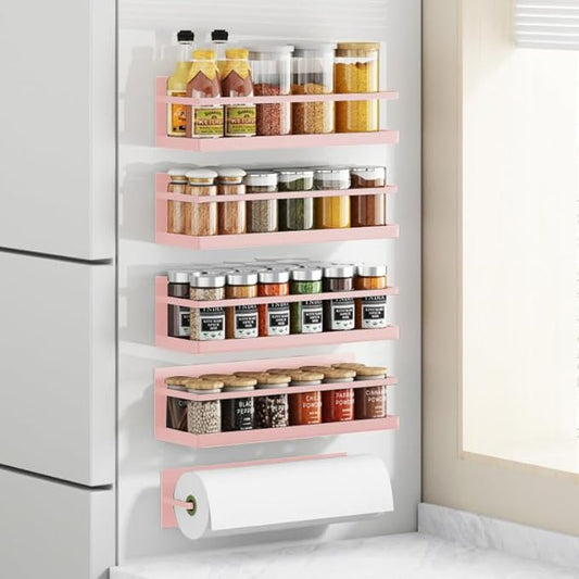 Magnetic Spice Rack For Refrigerator Magnetic Fridge Shelf For Kitchen Spice Organizer Magnetic Shelf For Fridge Space Saving Pink 4 Pack With Magnetic Paper Towel Holder