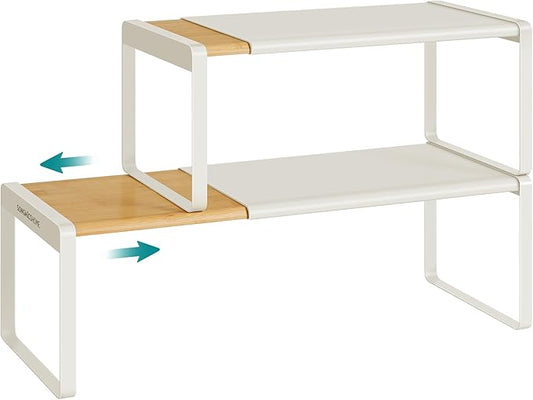 SONGMICS HOME Spice Racks, Expandable Cupboard Shelf Orgnizers, Kitchen Counter Shelves, Bamboo and Metal, Space-Saving Shelving, Stackable, Natural Beige and Cream White UKCS051N01