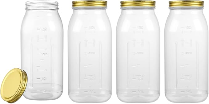 novelinks 4 Pack 64 OZ Plastic Wide Mouth Mason Jars with Airtight Lids - Wide Mouth Half Gallon Large Mason Jar 64 OZ Storage Canning Jar for Kitchen & Household Storage (Gold)