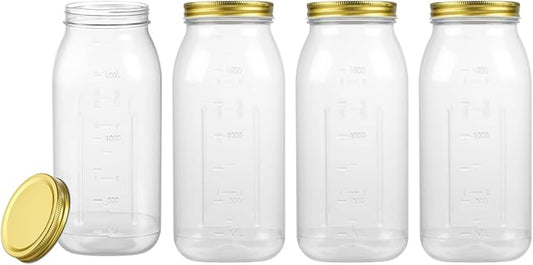 novelinks 4 Pack 64 OZ Plastic Wide Mouth Mason Jars with Airtight Lids - Wide Mouth Half Gallon Large Mason Jar 64 OZ Storage Canning Jar for Kitchen & Household Storage (Gold)