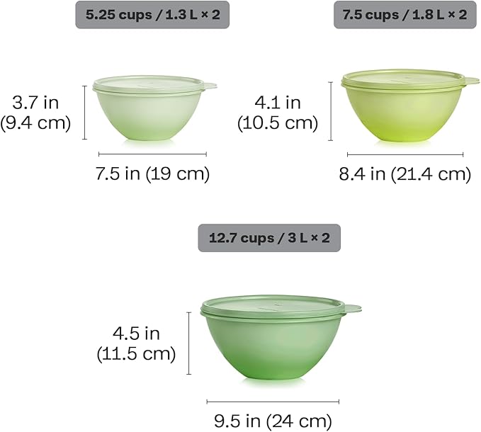 Tupperware Heritage Wonderlier 12 Piece Food Storage Bowl Set in Green Colors, Dishwasher Safe and BPA Free (6 Bowls, 6 Lids)