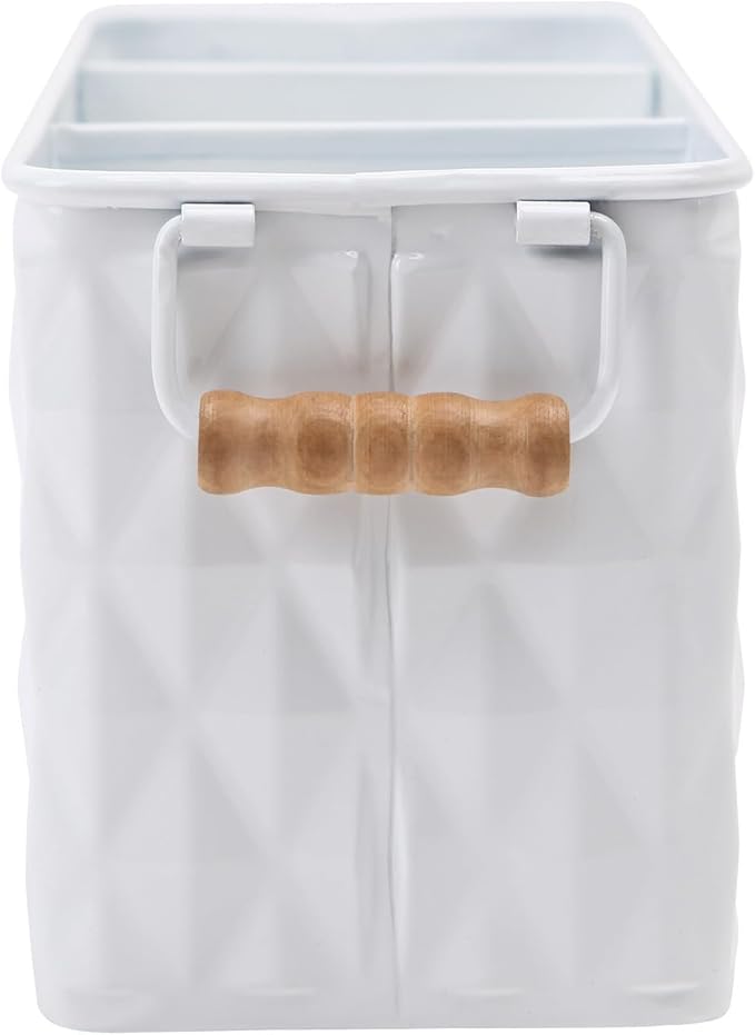 NIKKY HOME Farmhouse White Silverware Organizer with 3 Compartments Cutlery Caddy Kitchen Countertop Flatware Holder for Utensil, Spoons, Knives, Forks, Rhombic Embossed Pattern