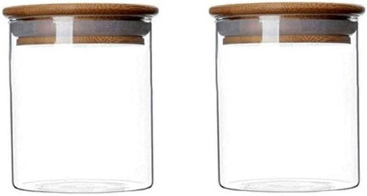 2 Piece Clear Glass Canister Food Storage Jar With Airtight Wood Lids Air Tight Storage Containers for Coffee Bean Loose Leaf Tea Containers Sugar Cookies Dry Fruit Nuts Candy Jars size 250ML/8.5oz