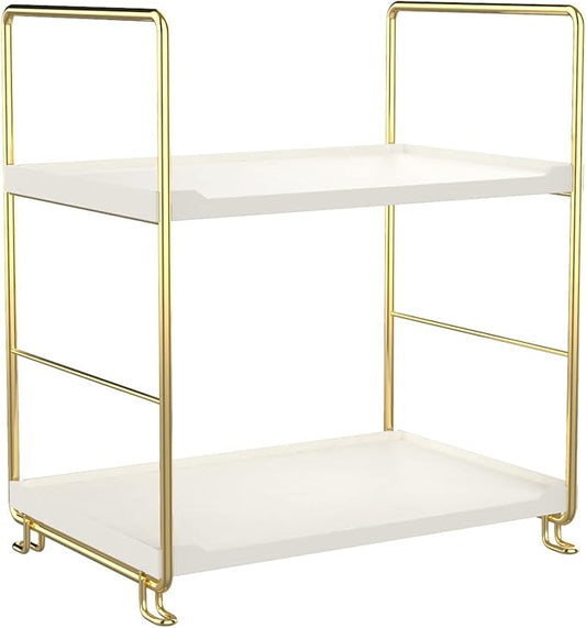 2-Tier Kitchen Spice Rack - Freestanding Stackable Bathroom Countertop Storage Shelf - Cosmetic Organizer Holder- Square Standing Rack (Golden)