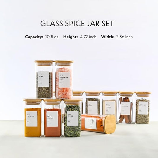 12Pcs Glass Spice Jars with Bamboo Airtight Lids, 10oz Spice Containers with 340 Preprinted Spice Labels of White and Black Color, Empty Seasoning Containers for Spice Salt Sugar Herb