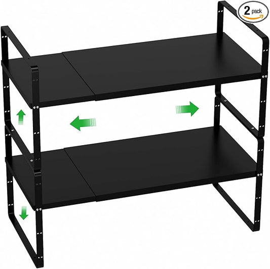 Cabinet Organizer Shelf Expandable Spice Rack in Cabinet,Countertop Cupboard Pantry Shelf Organizer Storage Rack for Kitchen Bathroom Under Sink,2 Packs,8.07" D,Black