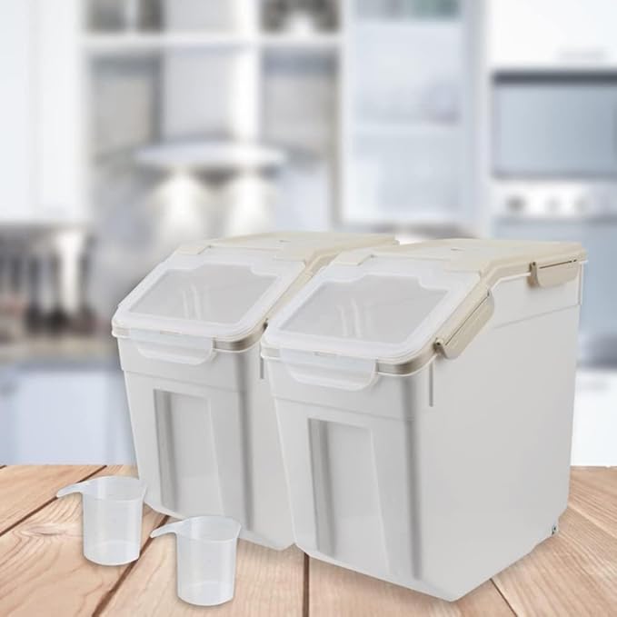 YXQ 25LB Large Flour Storage Container Bin ,2 Pack Airtight Plastic with Wheels Seal Locking Lid Dispenser Organizer Storage Bin with Measuring Cup & Scoop for Flour, Rice, Grain 50LBS Total