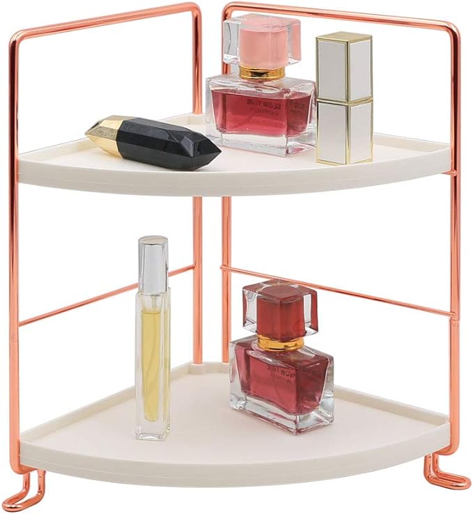 2-Tier Bathroom Countertop Organizer - Vanity Tray Cosmetic & Makeup Storage- Kitchen Spice Rack Standing Shelf - Corner Storage Shelf, Rose Gold
