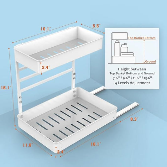 EVERIE Metal Pull Out Slide Shelf Organizer for Under Sink Organization in Kitchen, Bathroom, Counter, Cabinets, Minimum Available Space 13" Wide x 16.5" Deep (White, 1 Set)