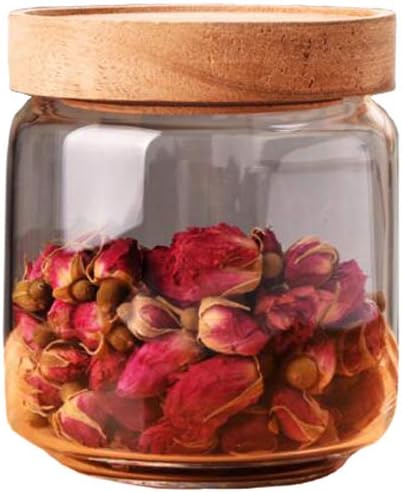 450ML 15OZ Glass Storage Container jars with Sealed Wooden Lids Glass Canister Kitchen Food Storage Containers for Coffee Beans Loose Tea Leaves Nuts Sugar Candy Spice Cookies