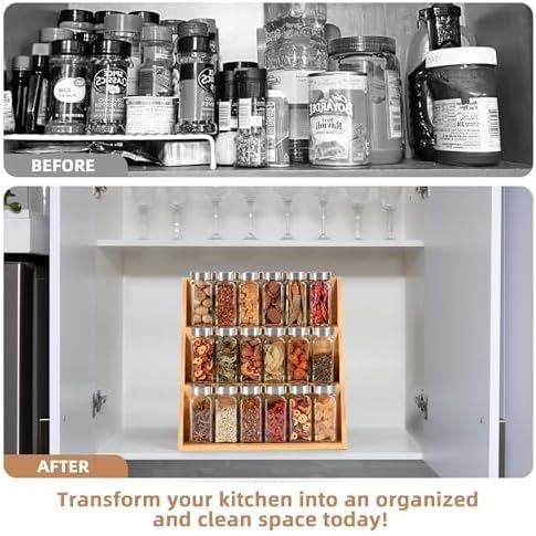 Spice Rack Organizer, 3 Tier Bamboo Seasoning Organizer, Spice Organizer for Cabinet Countertop Drawers Pantry Kitchen, foldable Storage and Standing with Anti-slip Pads(No Jars included)