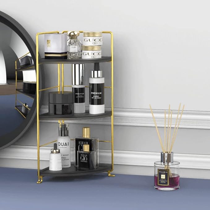3-Tier Bathroom Countertop Organizer, Vanity Tray Cosmetic & Makeup Storage, Kitchen Spice Rack Standing Shelf, Corner Storage Shelf, Black & Golden