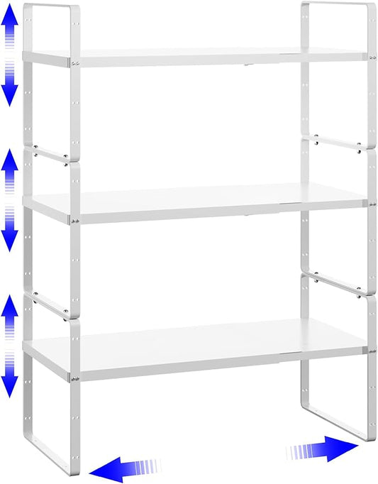 Expandable Cabinet Shelf Organizer, Stackable Kitchen Pantry Counter Storage, Adjustable Closet Cupboard Stand Rack Risers Spice Organization 80LBS Heavy Duty White 3 Pack