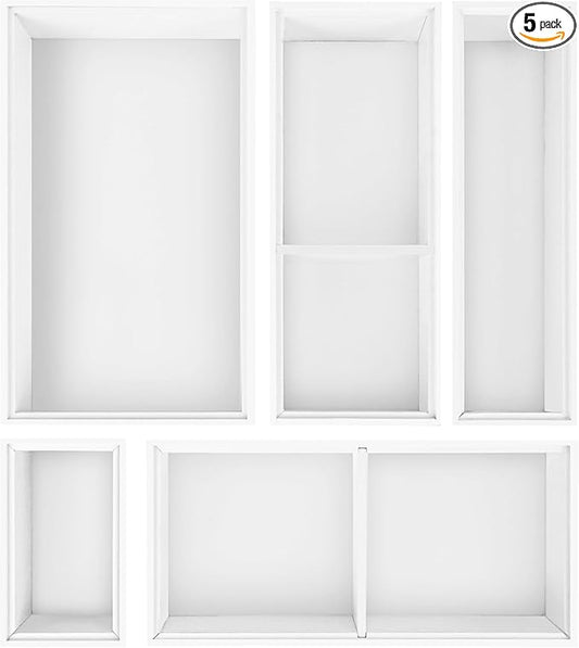 Bamboo Drawer Organizer,5 PCS Silverware Organizer & Kitchen Organizers and Storage,Utensil Drawer Organizer With Removable Dividers for Kitchen,Utensils,Bathroom,Office,Makeup(White)