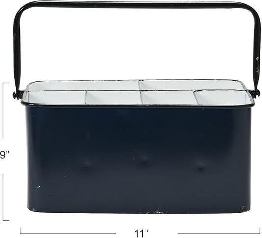 Creative Co-Op Farmhouse Metal Storage Caddy with 6 Compartments and Handle, Distressed Blue and White