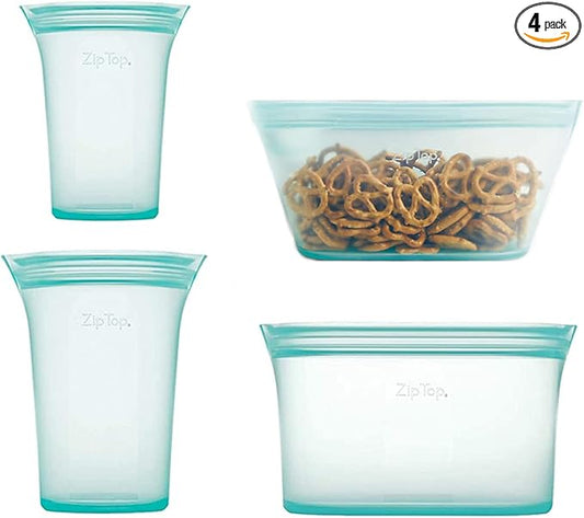 Zip Top Reusable Food Storage Bags | 4 Piece Cup/Dish Set [Teal] - Medium, Large | Silicone Meal Prep Container | Microwave, Dishwasher and Freezer Safe | Made in the USA