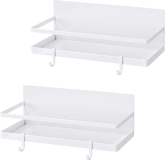 Magnetic Spice Rack with 4 Removable Hooks, Strong Magnet Spice Shelf for Spices, Cooking Oils, Salt, Pepper, Works Perfectly on the Side of Refrigerator for Small Kitchen/Apartment (White)