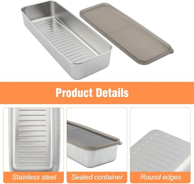Bacon Container for Refrigerator,with Lid and Food Tongs 304 Stainless Steel Airtight Container Suitable for Storing Meat Slices, Bread Slices, Bacon, Fish, Seafood