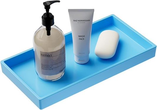 Vanity and Bathroom Tray, 7.7" ABS Countertop Organizer,Waterproof Vanity Tray for Toilet Tank,Perfume,Soap,Keys,Bathroom Accessories,Kitchen and Bath Trays,Non Slip Small Trays,Blue