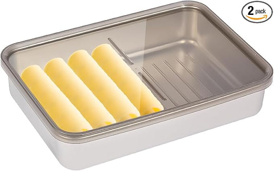 Cheese Container for Fridge, 2PCS 304 Stainless Steel Deli Meat Container for Fridge with Ridged Bottom, Food Storage Containers with Lids Airtight (2PCS Cheese Container- 27 FL OZ)