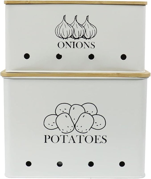Potato Onion Kitchen Storage Canisters,Storage Bin For Kitchen 2 Pack Set,potatoe, Potato Storage Box，storage And Long Shelf Life With Aerating Tin Storage Holes-white
